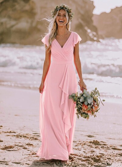 A-Line V-Neck Sleeveless Floor-Length Chiffon Bridesmaid Dresses With Ruffle