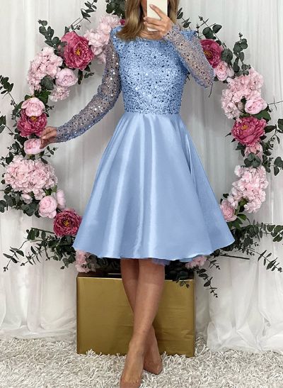 A-Line Scoop Neck Long Sleeves Satin Cocktail Dresses With Sequins