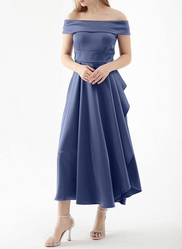 A-Line Off-The-Shoulder Sleeveless Satin Cocktail Dresses With Ruffle/Split Front