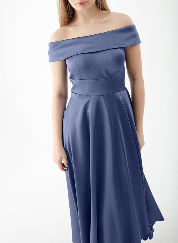 A-Line Off-The-Shoulder Sleeveless Satin Cocktail Dresses With Ruffle/Split Front