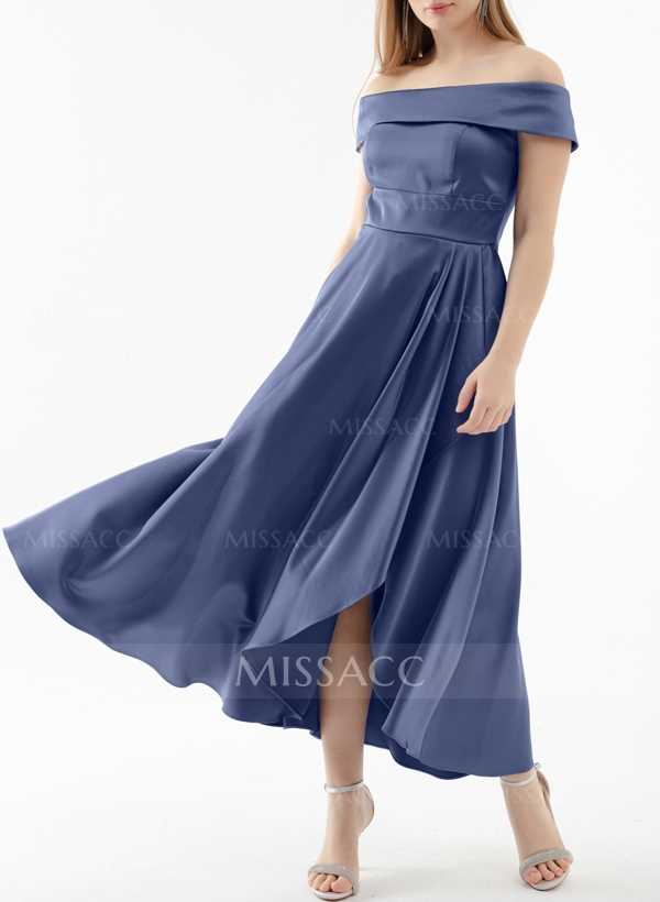 A-Line Off-The-Shoulder Sleeveless Satin Cocktail Dresses With Ruffle/Split Front