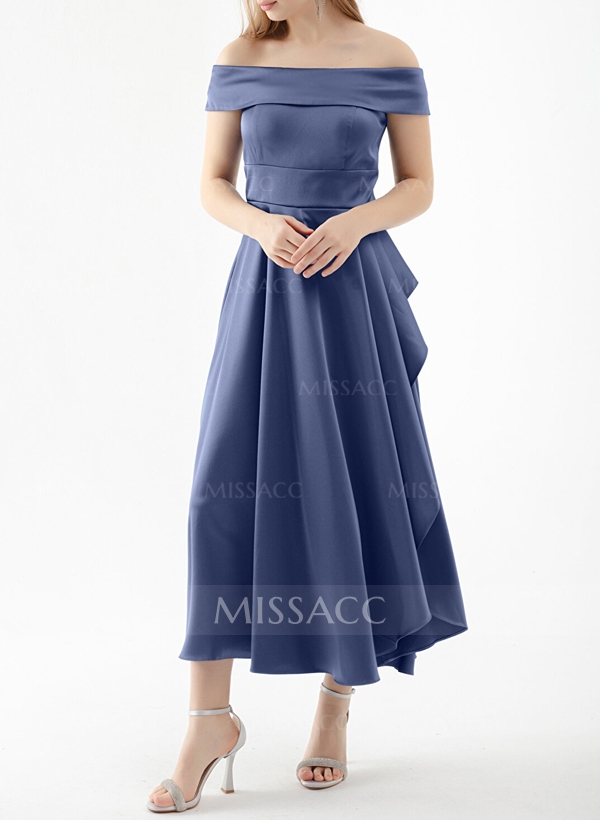 A-Line Off-The-Shoulder Sleeveless Satin Cocktail Dresses With Ruffle/Split Front