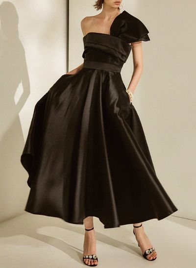 A-Line Asymmetrical Sleeveless Satin Cocktail Dresses With Bow(s)/Pockets