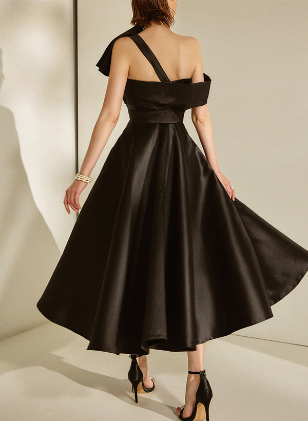 A-Line Asymmetrical Sleeveless Satin Cocktail Dresses With Bow(s)/Pockets