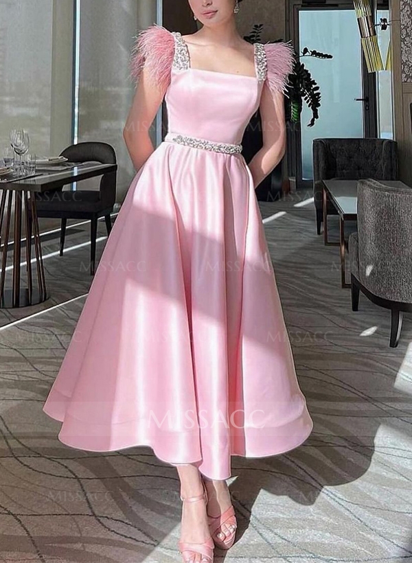 A-Line Square Neckline Sleeveless Satin Cocktail Dresses With Rhinestone