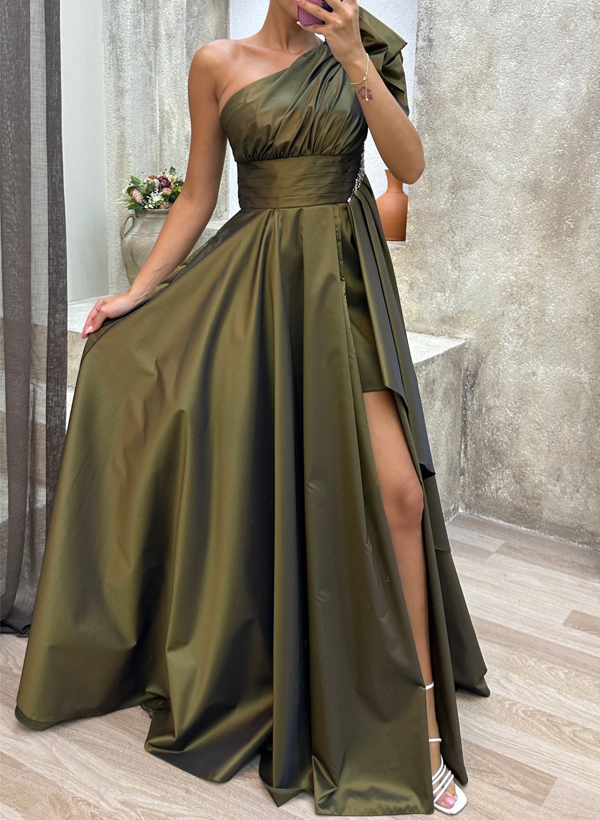 A-Line One-Shoulder Sleeveless Satin Evening Dresses With High Split