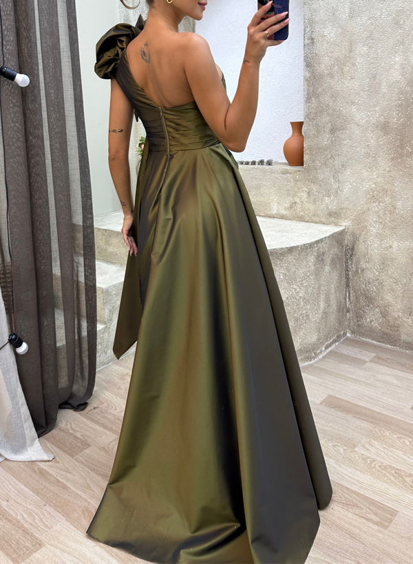 A-Line One-Shoulder Sleeveless Satin Evening Dresses With High Split