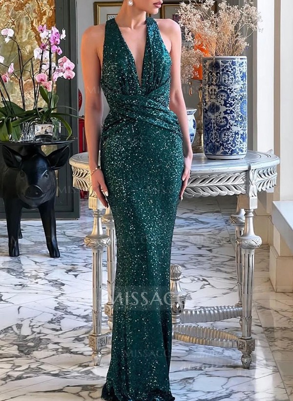 Sheath/Column Halter Sleeveless Floor-Length Sequined Evening Dresses