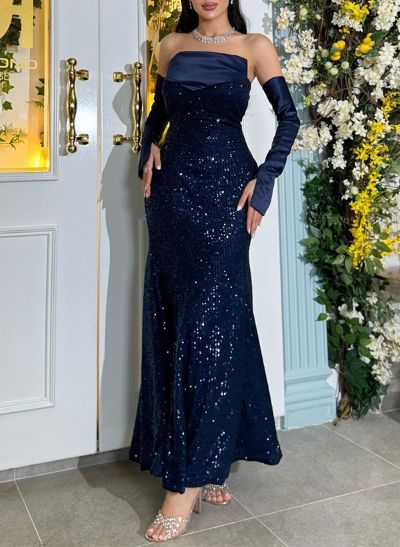 Trumpet/Mermaid Strapless Detachable Sleeves Satin/Sequined Evening Dresses