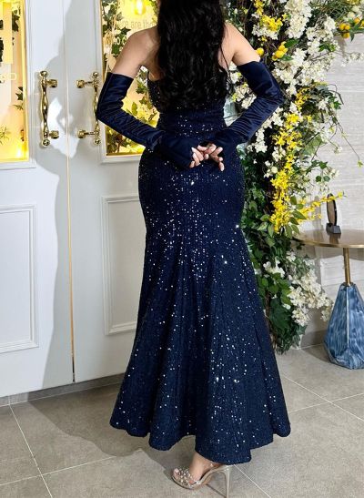 Trumpet/Mermaid Strapless Detachable Sleeves Satin/Sequined Evening Dresses