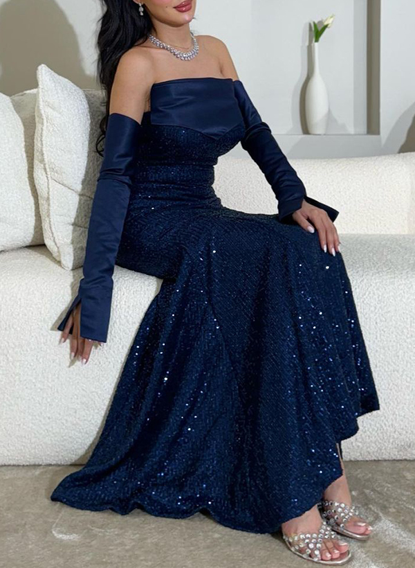 Trumpet/Mermaid Strapless Detachable Sleeves Satin/Sequined PROM DRESSES