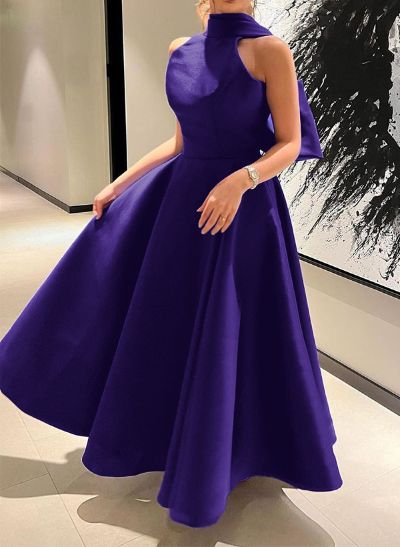 A-Line Halter Sleeveless Ankle-Length Satin Evening Dresses With Bow(s)