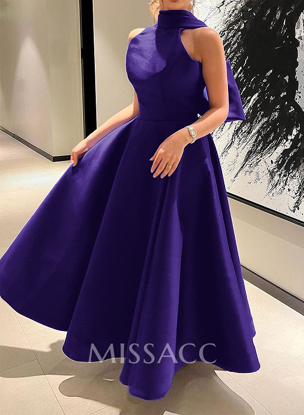 A-Line Halter Sleeveless Ankle-Length Satin Evening Dresses With Bow(s)