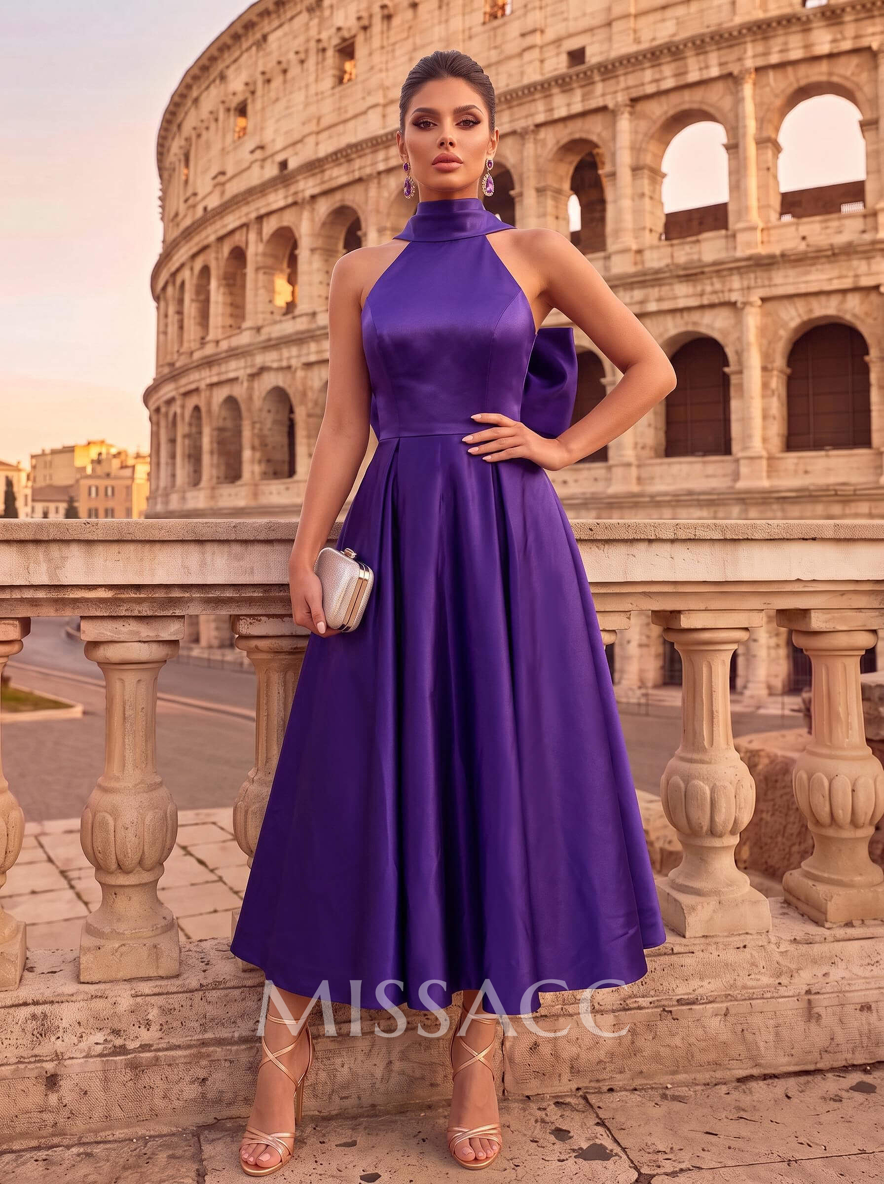 A-Line Halter Sleeveless Ankle-Length Satin Evening Dresses With Bow(s) A-Line Halter Sleeveless Ankle-Length Satin Evening Dresses With Bow(s)