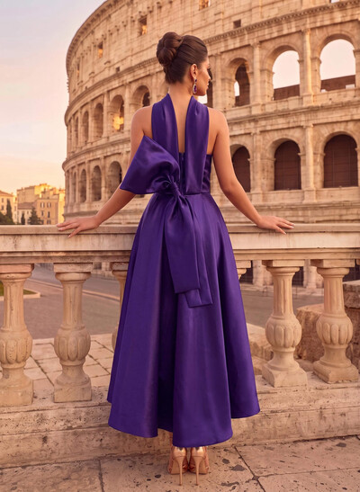 A-Line Halter Sleeveless Ankle-Length Satin Evening Dresses With Bow(s)