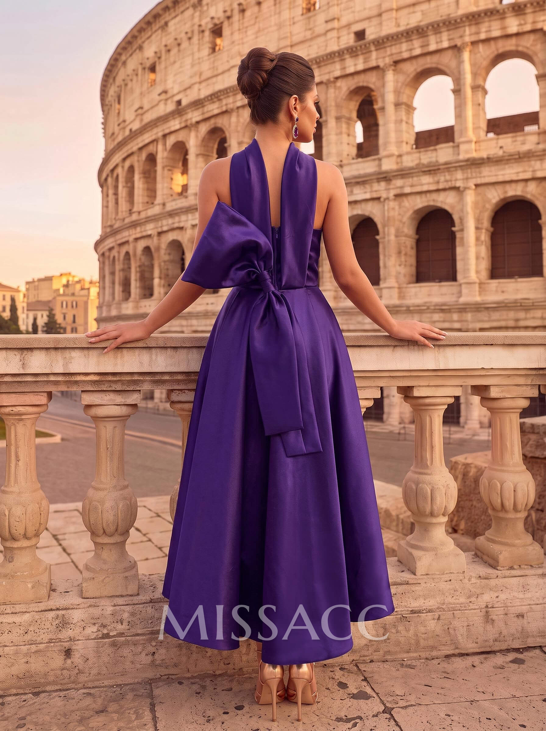 A-Line Halter Sleeveless Ankle-Length Satin Evening Dresses With Bow(s) A-Line Halter Sleeveless Ankle-Length Satin Evening Dresses With Bow(s)