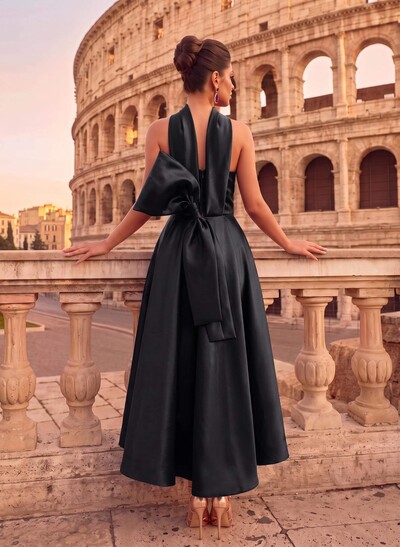 A-Line Halter Sleeveless Ankle-Length Satin Evening Dresses With Bow(s)