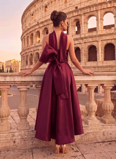 A-Line Halter Sleeveless Ankle-Length Satin Evening Dresses With Bow(s)