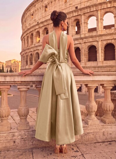 A-Line Halter Sleeveless Ankle-Length Satin Evening Dresses With Bow(s)