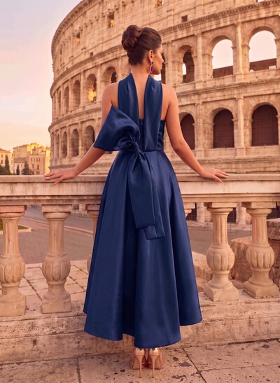 A-Line Halter Sleeveless Ankle-Length Satin Evening Dresses With Bow(s)