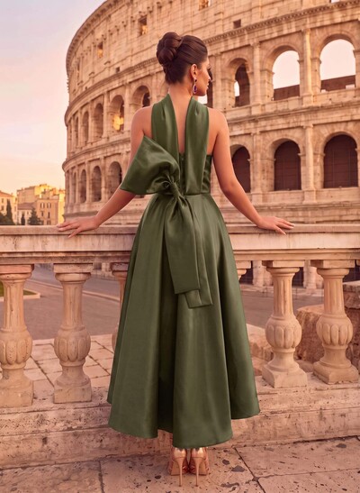 A-Line Halter Sleeveless Ankle-Length Satin Evening Dresses With Bow(s)