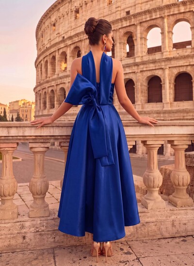 A-Line Halter Sleeveless Ankle-Length Satin Evening Dresses With Bow(s)