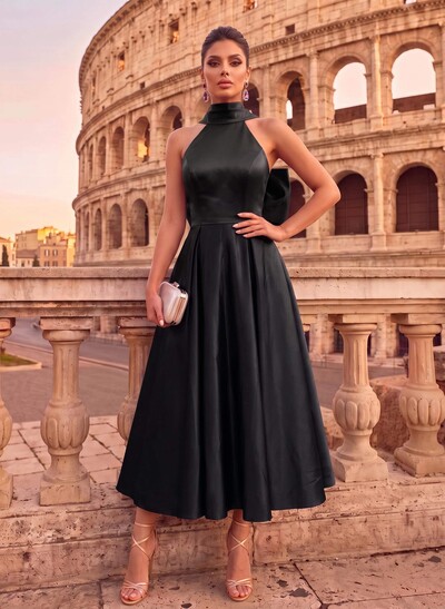 A-Line Halter Sleeveless Ankle-Length Satin Evening Dresses With Bow(s)