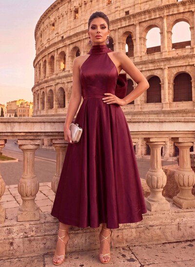 A-Line Halter Sleeveless Ankle-Length Satin Evening Dresses With Bow(s)