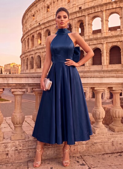 A-Line Halter Sleeveless Ankle-Length Satin Evening Dresses With Bow(s)