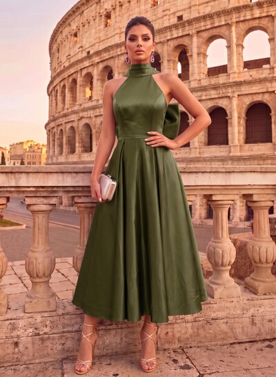 A-Line Halter Sleeveless Ankle-Length Satin Evening Dresses With Bow(s)