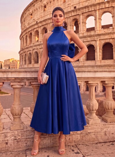 A-Line Halter Sleeveless Ankle-Length Satin Evening Dresses With Bow(s)