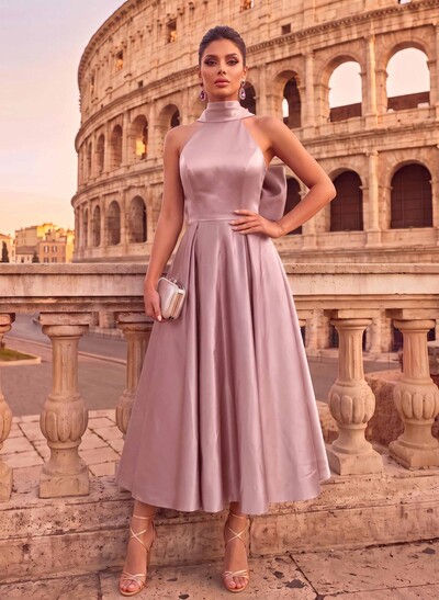A-Line Halter Sleeveless Ankle-Length Satin Evening Dresses With Bow(s)