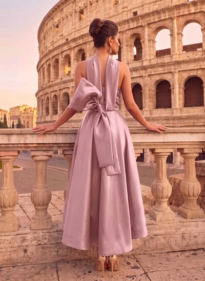 A-Line Halter Sleeveless Ankle-Length Satin Evening Dresses With Bow(s)