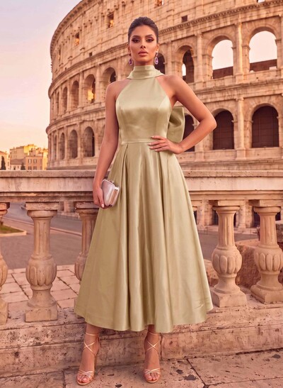 A-Line Halter Sleeveless Ankle-Length Satin Evening Dresses With Bow(s)