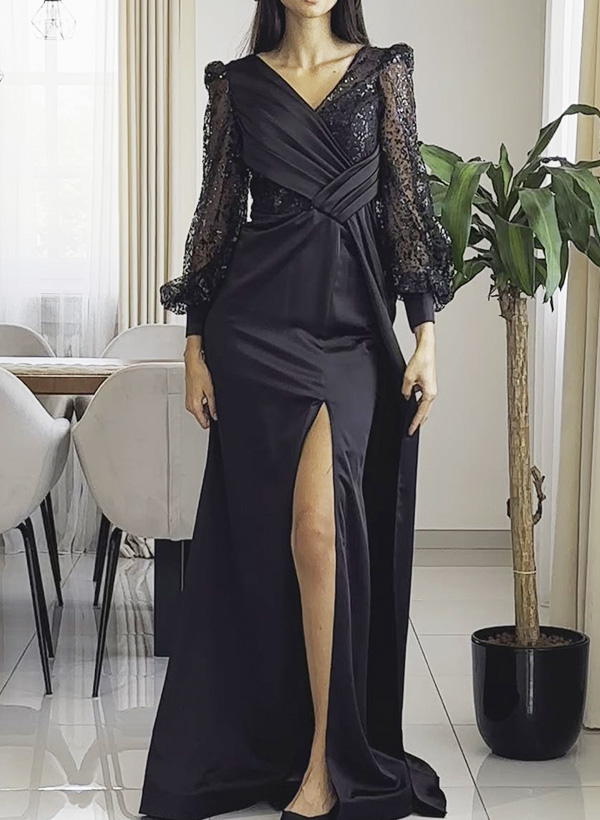 Sheath/Column V-Neck Long Sleeves Sequined Evening Dresses With High Split