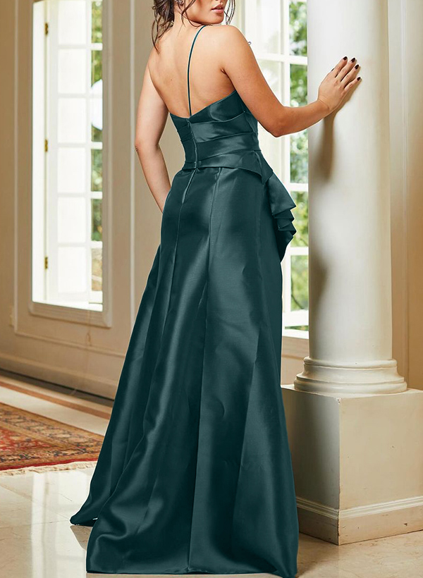 A-Line One-Shoulder Sleeveless Satin Evening Dresses With Split Front