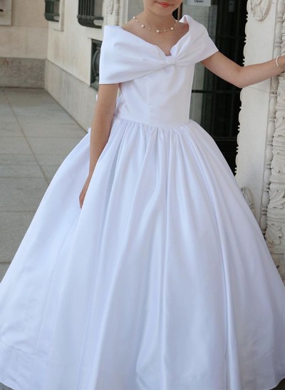 A-Line Off-The-Shoulder Satin Flower Girl Dresses With Bow(s)/Beading