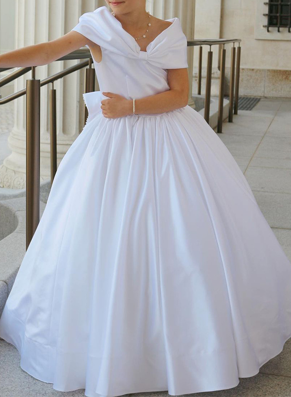 A-Line Off-The-Shoulder Satin Flower Girl Dresses With Bow(s)/Beading