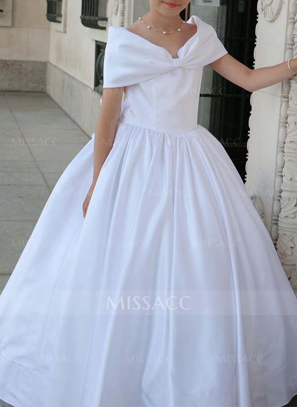 A-Line Off-The-Shoulder Satin Flower Girl Dresses With Bow(s)/Beading