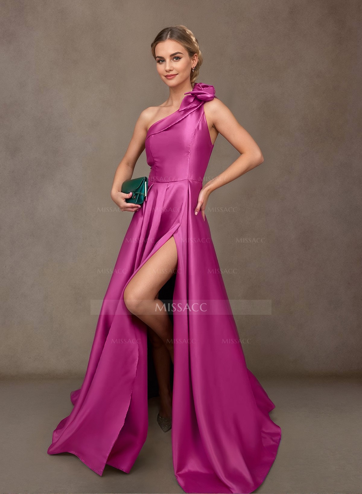 A-Line One-Shoulder Satin Mother Of The Bride Dresses With Flower(s)/High Split