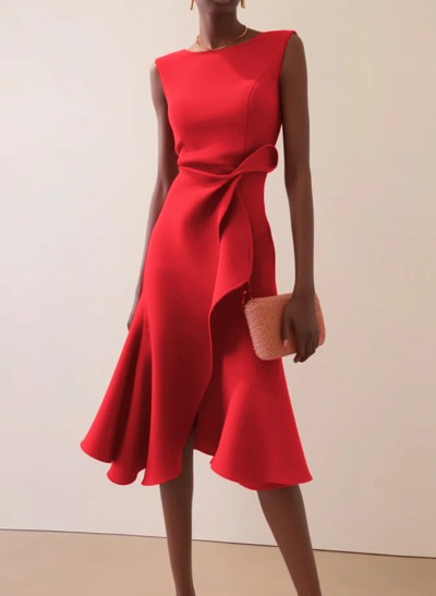 A-Line Scoop Neck Sleeveless Knee-Length Elastic Satin Cocktail Dresses With Ruffle