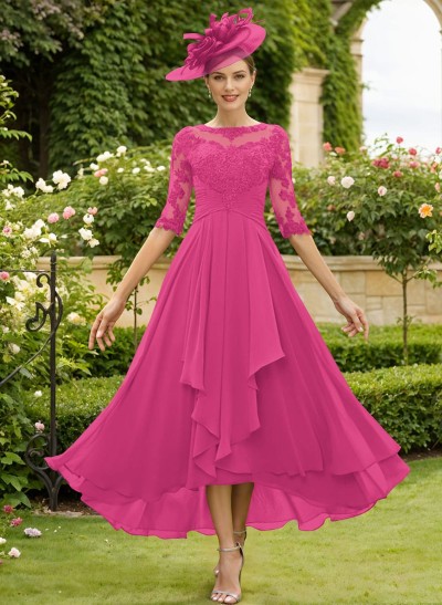 A-Line Cowl Neck Lace/Chiffon Mother Of The Bride Dresses With Back Hole