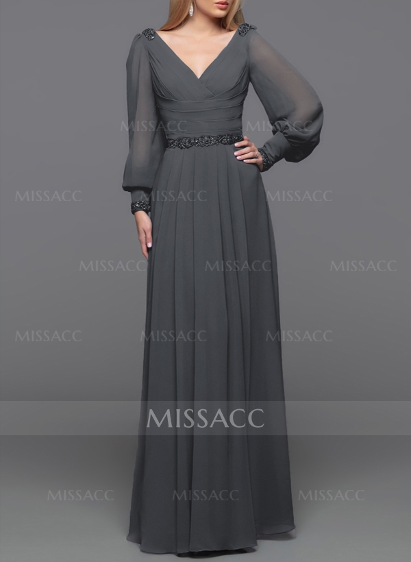 A-Line V-Neck Long Sleeves Floor-Length Chiffon Mother Of The Bride Dresses