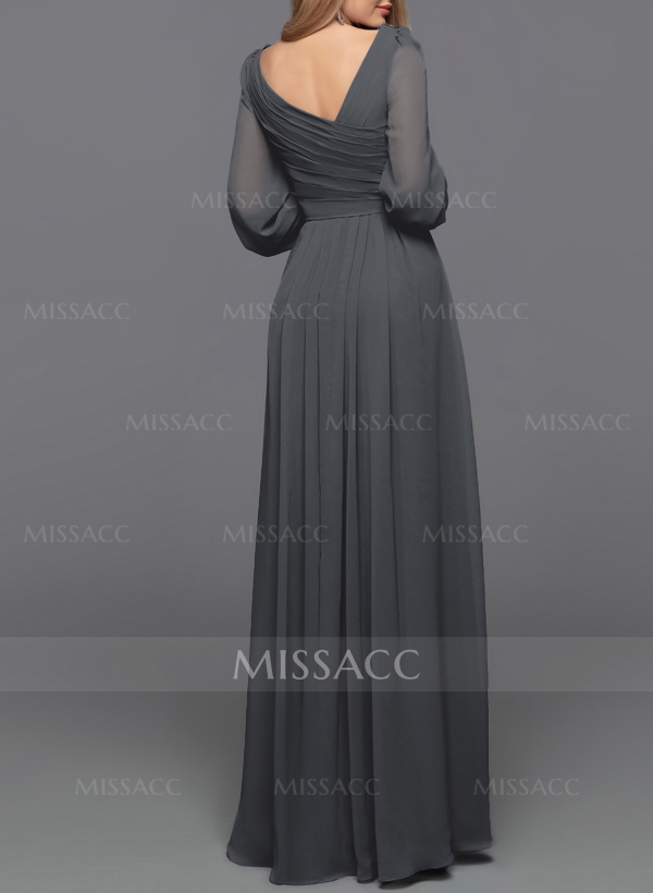 A-Line V-Neck Long Sleeves Floor-Length Chiffon Mother Of The Bride Dresses