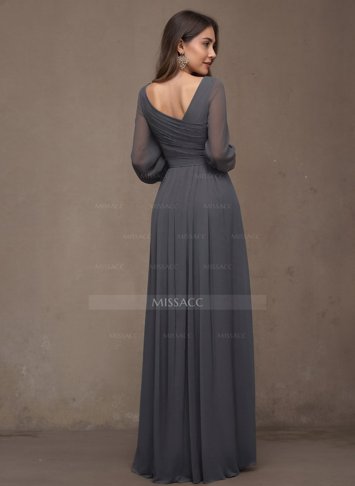 A-Line V-Neck Long Sleeves Floor-Length Chiffon Mother Of The Bride Dresses