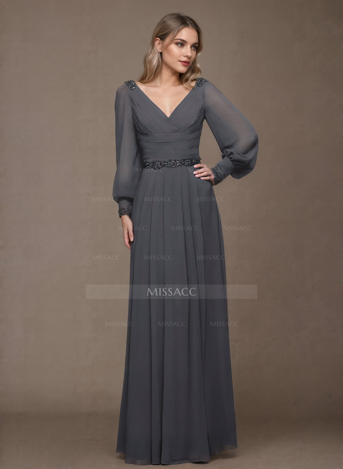 A-Line V-Neck Long Sleeves Floor-Length Chiffon Mother Of The Bride Dresses