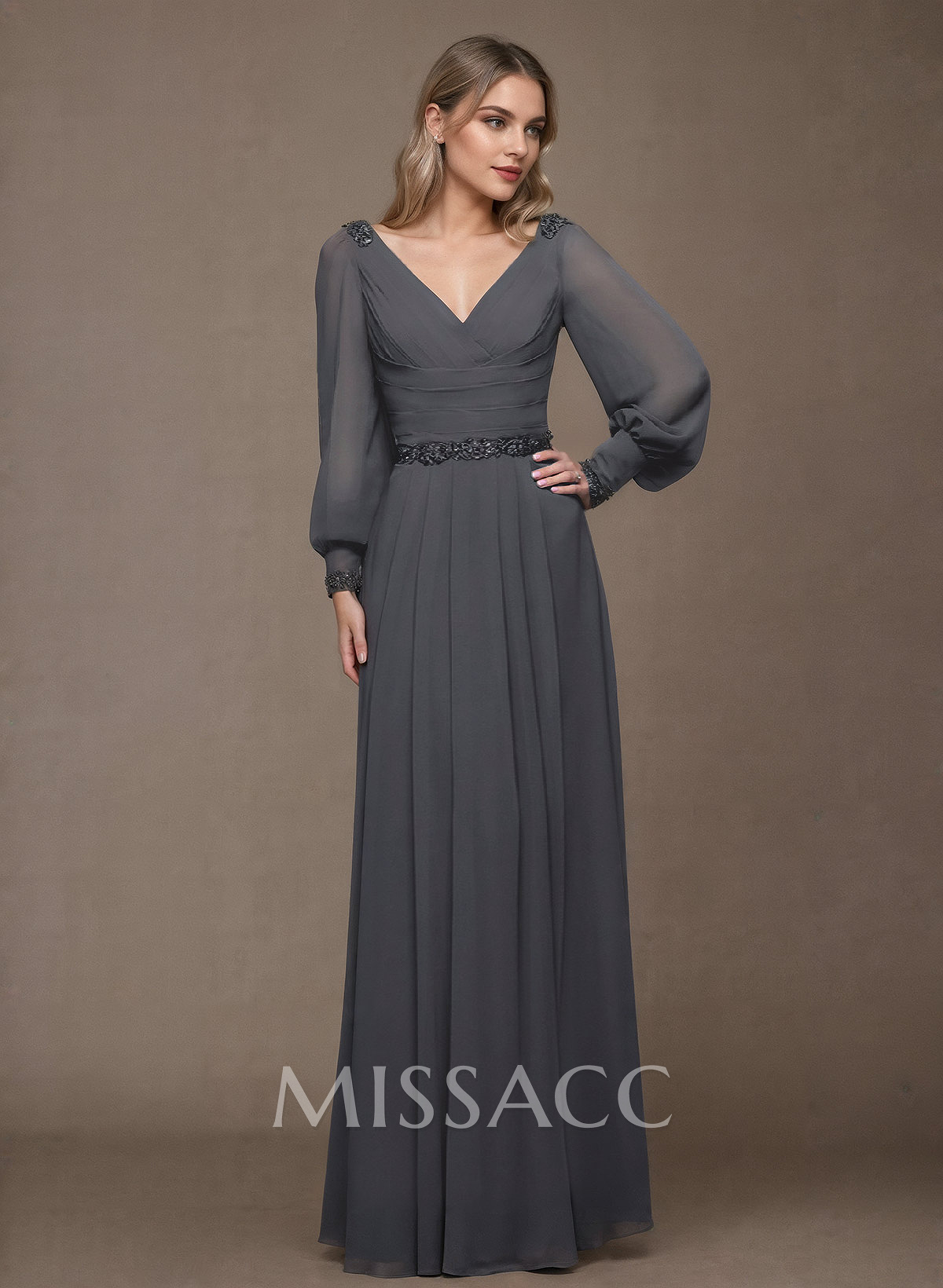 A-Line V-Neck Long Sleeves Floor-Length Chiffon Mother Of The Bride Dresses