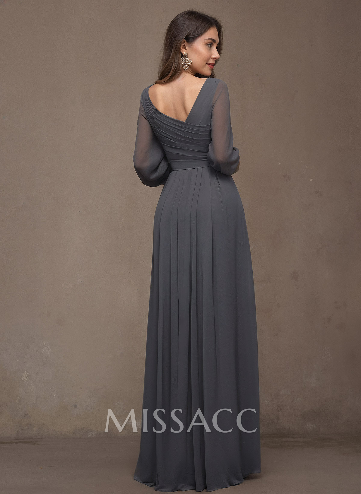 A-Line V-Neck Long Sleeves Floor-Length Chiffon Mother Of The Bride Dresses