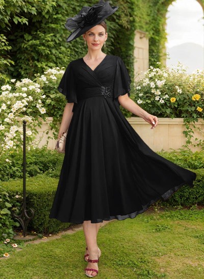 A-Line V-Neck Short Sleeves Tea-Length Chiffon Mother Of The Bride Dresses