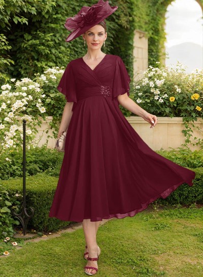 A-Line V-Neck Short Sleeves Tea-Length Chiffon Mother Of The Bride Dresses